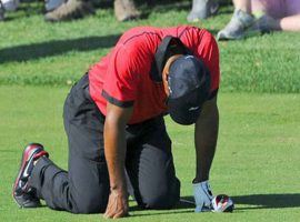 Tiger Woods drops to his knees in pain at a tournament. Woods said running caused major damage to his body over the years. (Image: Getty)