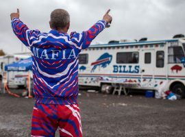 A fan of the Buffalo Bills (aka Bills Mafia) preparties in the parking lot outside of New Era Field in Orchard Park, NY. (Image: Michael F. McElroy/ESPN)