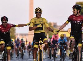 Egan Bernal (center) flanked by his Ineos teammates on the way to the finish line at the final stage of the 2019 Tour de France in Paris. (Image: Anne-Christine Poujoulat/AFP)