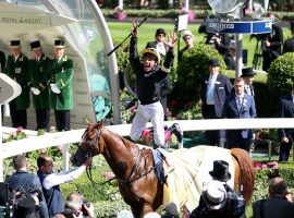 Frankie Dettori's trademark flying dismount signifies another victory for the standout Italian jockey. He and Stradivarius run for a Gold Cup three-peat in Thursday's Royal Ascot featured race. (Image: Racing TV)