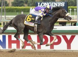 Honor A.P. galloped his way to victory in the Santa Anita Derby and his way up Kentucky Derby future boards. He's the co-favorite in one and the co-second favorite in another. (Image: Benoit Photo/USA TODAY Sports)