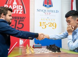 Magnus Carlsen (left) will take on Ding Liren (right) in the semifinals of the Chessable Masters. (Image: Lennart Ootes/Grand Chess Tour)