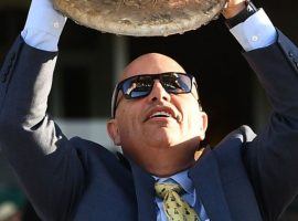 Trainer Mark Casse lifted the Belmont Stakes trophy courtesy of Sir Winston last year. He could do it again this year with Tap It To Win. (Image: Thomas A. Ferrara/Newsday)