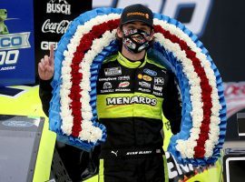 Ryan Blaney held on during a frantic finish to win the Geico 500 at Talladega Superspeedway. (Image: Getty)