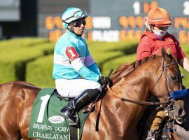 Jockey Martin Garcia and Charlatan are no longer 2020 Arkansas Derby winners. Oaklawn Park stewards stripped the Bob Baffert horse and his filly stablemate, Gamine of their May 2 victories for excessive amounts of lidocaine. (Image: Wesley Hitt/Getty)