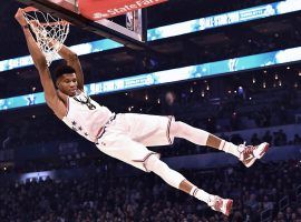 Giannis 'Greek Freak' Antetokounmpo from the Milwaukee Bucks dunks at the 2019 All-Star Game. (Image: Jeff Siner/Getty)