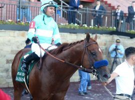 Like Charlatan, the horse Martin Garcia rode to victory in May's Arkansas Derby, Garcia is now on the shelf. He tested positive for the coronavirus and is quarantined for 14 days. (Image: Richard Rasmussen/Hot Springs Sentinel-Record)