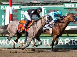 Mike Smith and Authentic holding off Paco Lopez and Ny Traffic in Saturday's Haskell Stakes keyed a record handle day for Monmouth Park. The New Jersey track broke $20 million in daily handle for only the second time in its 75-year history. (Image: Peter Ackerman)