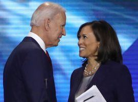 Kamala Harris (right) remains the favorite to take the Biden VP role, but Karen Bass and others are climbing into contention. (Image: Getty)