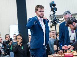 Magnus Carlsen dominated the round-robin portion of the Legends of Chess online tournament, winning all nine of his matches. (Image: Lennart Ootes/FIDE)