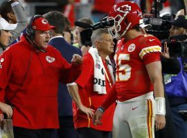 Kansas City head coach Andy Reid and QB Patrick Mahomes chat on sidelines at Arrowhead Stadium . (Image: Louis Daniel/Getty)