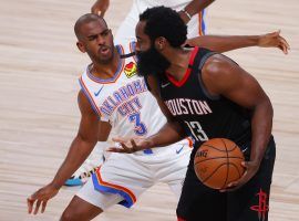 Chris Paul of the OKC Thunder defends James Harden of the Houston Rockets in Game 4. (Image: Kevin C. Cox/Getty)