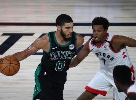 Boston Celtics forward Jayson Tatum drives by Toronto Raptors guard Kyle Lowry in Game 1. (Image: Kim Klement/USA Today Sports)