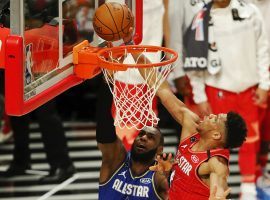 Giannis 'Greek Freak' Antetokounmpo blocks LeBron James during the NBA All-Star Game. (Image: Porter Lambert/Getty)