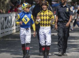 Irad Ortiz Jr. (left) and brother Jose, entered the weekend tied for the Saratoga riding title with 33 wins apiece. The brothers will remain at Saratoga and pass up riding the Kentucky Derby. (Image: Skip Dickstein/Times Union)