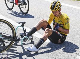 Slovenia's Primoz Roglic crashes at the Criterium du Dauphine, lead up race to the Tour de France. (Image: Cor Vos/AP)