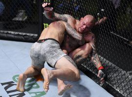 Aleksandar Rakic (top) dominated Anthony Smith (bottom) to make his case for a light heavyweight title shot. (Image: Jeff Bottari/Zuffa)