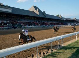 Tiz the Law made the Travers Stakes look as easy as his other three 2020 victories. Oddsmakers dropped his Kentucky Derby odds under 2/1 as a result. (Image: Stacey Heatherington/NYRA via AP)