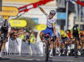 Julian Alaphilippe (center) wins a final sprint in Stage 2 of the 2020 Tour de France (Image: Cor Vos/Cycling Tips)