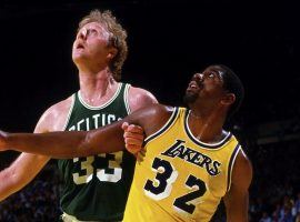 Magic Johnson of the LA Lakers boxes out Larry Bird of the Boston Celtics during the 1984 NBA Finals. (Image: Andrew D. Bernstein/Getty)