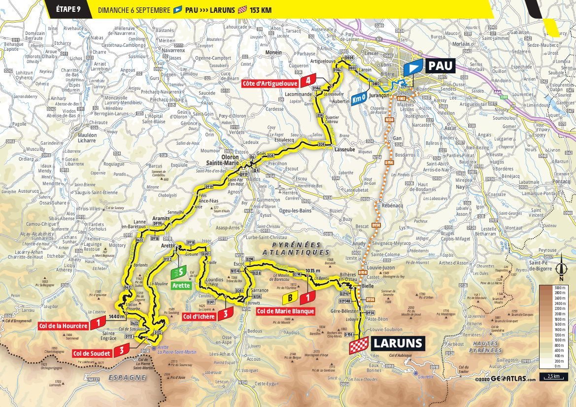 Tour de France Stage 9 Map 2020 Pau > La Runs