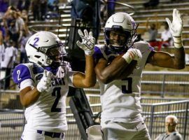Lujuan Winningham (right) celebrates with Jarrod Barnes #2 of Central Arkansas after catching the go ahead touchdown over Austin Peay during the second half of the Guardian Credit Union FCS Kickoff football game on August 29, 2020 in Montgomery, Alabama. (Photo by Butch Dill/Getty Images)