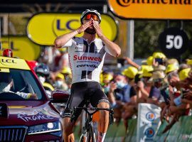 Switzerland's Marc Hirschi (Sunweb) reaches the finish line first at Stage 12 Sarran. (Image: AP)