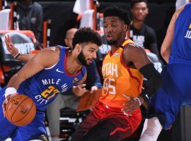 Denver Nuggets shooting guard Jamal Mitchell defended by Utah Jazz All-Star Donovan Mitchell in Game 4 of the NBA Playoffs. (Image: Porter Lambert/Getty)