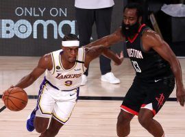 LA Lakers point guard Rajon Rondo blows by James Harden of the Houston Rockets in Game 2. (Image: Getty)