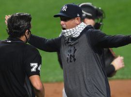 Yankeesâ€™ skipper Aaron Boone argues with umpire John Tumpane after his ejection. (Image: Getty)