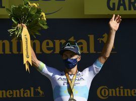 Alexey Lutsenko (Astama) on the podium at Mont Aigoual after winning Stage 6 of the Tour de France. (Image: Stuart Franklin/AP)