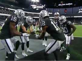 The Las Vegas Raiders celebrate after a score in their win against New Orleans, but now must face New England on the road. (Image: ESPN)