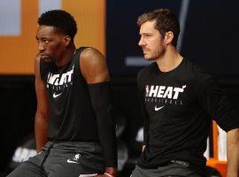 Miami Heat stars, Bam Adebayo and Goran Dragic, at practice last week. (Image: Porter Lambert/Getty)