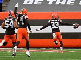 Cleveland Browns safety Ronnie Harrison (33) scores a touchdown on a Pick-6 against the Indianapolis Colts in Week 5. (Image: Jason Miller/Getty)