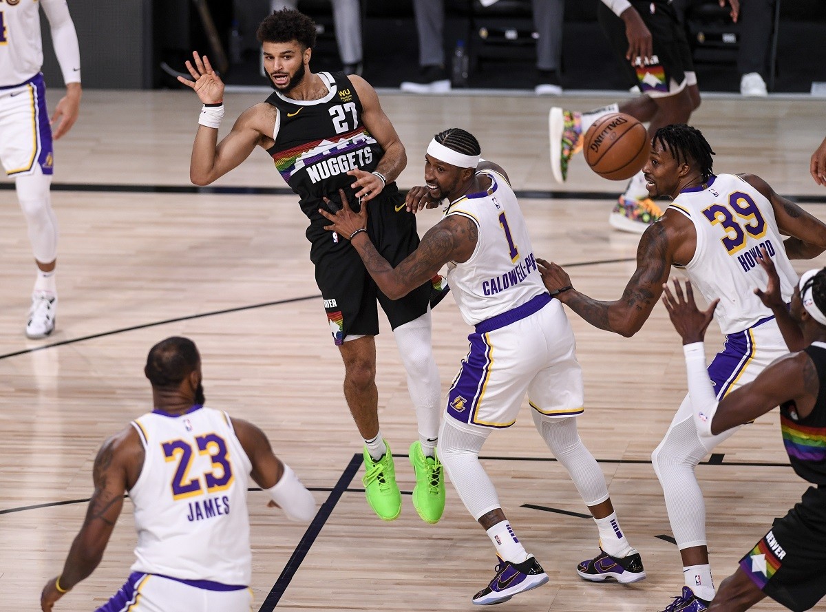 The Los Angeles Lakers try to stop Jamal Murray from the Denver Nuggets in the 2020 Western Conference Finals. (Image: Aaron Ontiveroz/Denver Post)