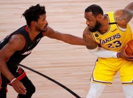 Jimmy Butler of the Miami Heat defends LeBron James of the LA Lakers in Game 4 of the NBA Finals. (Image: Kevin C Cox/Getty)