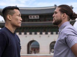 Chan Sung Jung (left) and Brian Ortega (right) will face off with a featherweight title shot on the line at UFC Fight Night 180 on Saturday. (Image: Woohae Cho/Zuffa)