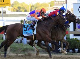 Swiss Skydiver got her head in front of 3/2 favorite Authentic to win a Preakness Stakes stretch duel for the ages. (Image: Nick Wass/AP Photo)