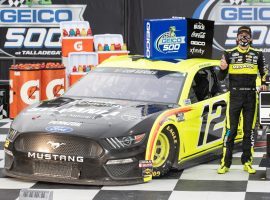 Though Ryan Blaney is out of the NASCAR Cup Playoffs, he is a 10/1 favorite to win the YellaWood 500 at Talladega on Sunday, after winning their earlier in the year. (Image: Getty)