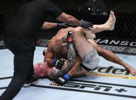 Anthony Smith (bottom) landed a triangle choke to beat Devin Clark (top) in the first round of their main event fight on Saturday night. (Image: Chris Unger/Zuffa)