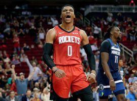 Russell Westbrook celebrates during a Houston Rockets game in late 2019. (Image: Peter Carini/Getty)