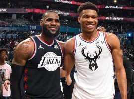 LeBron James of the LA Lakers and the Greek Freak from the Milwaukee Bucks at the 2019 NBA All-Star Game. (Image: Andrew D. Bernstein/Getty)