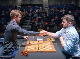 Magnus Carlsen (left) will take on Maxime Vachier-Lagrave (right) in the second Speed Chess Championship semifinal this Friday. (Image: Lennart Ootes/Grand Chess Tour)