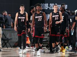 Tyler Herro (14), Jimmy Butler (22), and Duncan Robinson (55) of the Miami Heat during the 2020 NBA Finals. (Image: Nathaniel S. Butler/Getty)