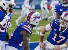 Josh Allen and Stefon Diggs celebrate a touchdown in the first playoff victory for the Buffalo Bills in 25 years. The Buffalo Bills are the third highest favorite on the Super Bowl futures board. (Image: Getty)