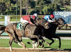 Medina Spirit (back) showed he is a legitimate Kentucky Derby prospect Saturday. He held off Roman Centurian (5) and Hot Rod Charlie (in between) for the last quarter-mile of the Robert B. Lewis Stakes at Santa Anita. (Image: Benoit Photo)