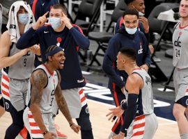 Bradley Beal and Russell Westbrook celebrate a comeback victory with the Washington Wizards over the Brooklyn Nets. (Image: AP)