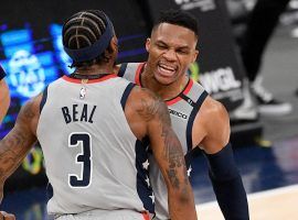 Bradley Beal and Russell Westbrook bump chests after Westbrook hit a big 3-pointer to cap off a fourth-quarter comeback for the Washington Wizards over the Brooklyn Nets. (Image: Donnie Becker)