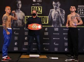 JoJo Diaz (left) missed weight for his title fight on Saturday night, but Shavkatdzhon Rakhimov (right) can still win the IBF junior lightweight belt. (Image: Tom Hogan/Hogan Photos/Golden Boy)