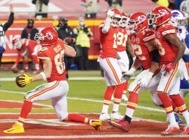 Kansas City Chiefs TE Travis Kelce, seen here celebrating a touchdown in the AFC Championship against the Buffalo Bills, will get to face the high-scoring Tampa Bay Bucs in Super Bowl 55. (Image: Denny Medley/USA Today Sports)